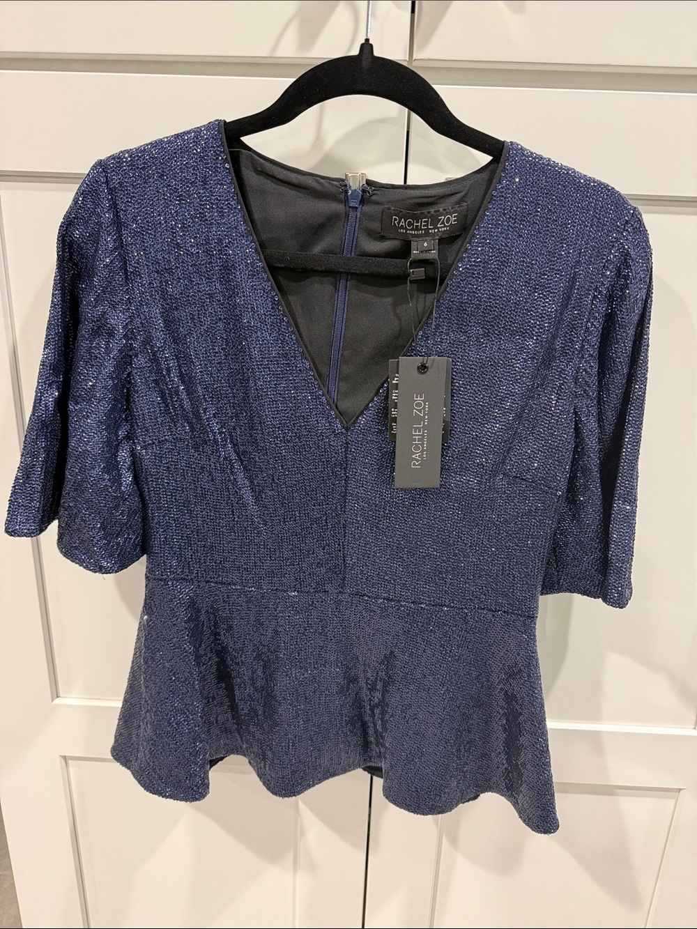 Rachel Zoe Metallic Navy Peplum V-Neck Top NWT